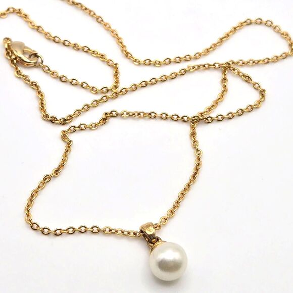 Dainty Single Faux Pearl Pendant on 18" 14k Gold-plated Cable Chain Necklace - Picture 5 of 5